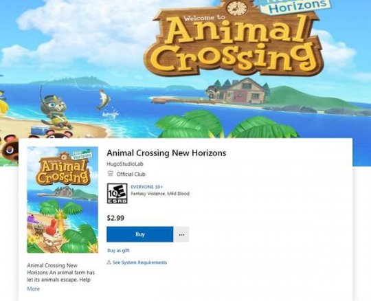 微软PC商店惊现假《动物森友会》 3美元的换皮游戏