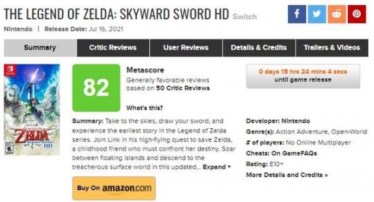 《塞尔达传说：天空之剑HD》M站均分82分 合格的移植作品