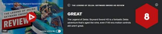 《塞尔达：天空之剑HD》IGN 8分 画面和性能提升，体验更佳