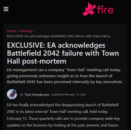 EA否认其曾称《光环：无限》发布导致《战地2042》失败